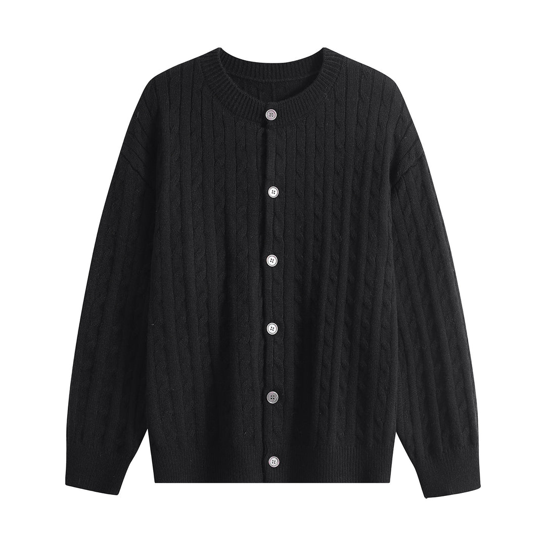 Women's chunky knit cardigan with cable pattern, round neck and continuous button placket Mune Fashion