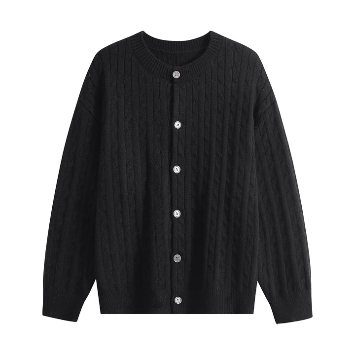 Women's chunky knit cardigan with cable pattern, round neck and continuous button placket Mune Fashion