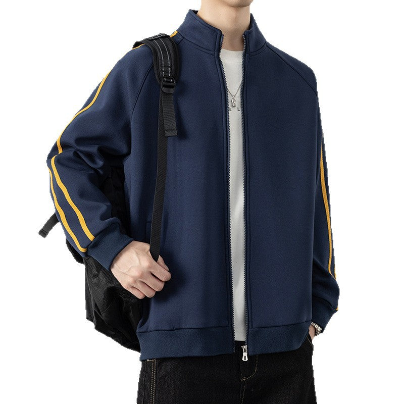 Men's leisure training jacket with stand-up collar, zipper, and contrast stripes Mune Fashion