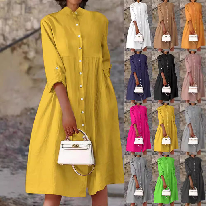 Women's Oversize Midi Dress in Linen Look with Standing Collar, Button Placket and Side Pockets Mune Fashion