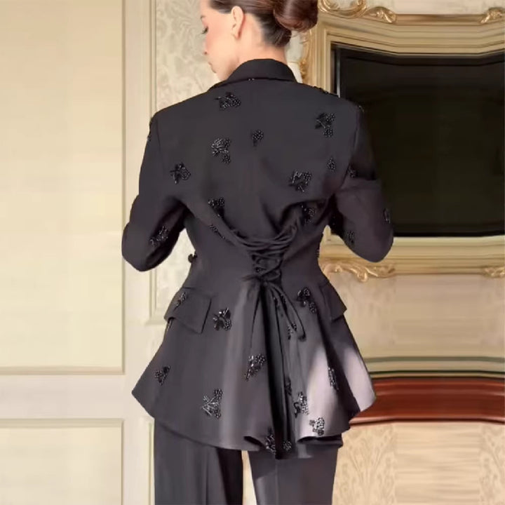 Women's Tailored Blazer Set with Peplum and Wide Marlene Pantsuit Mune Fashion