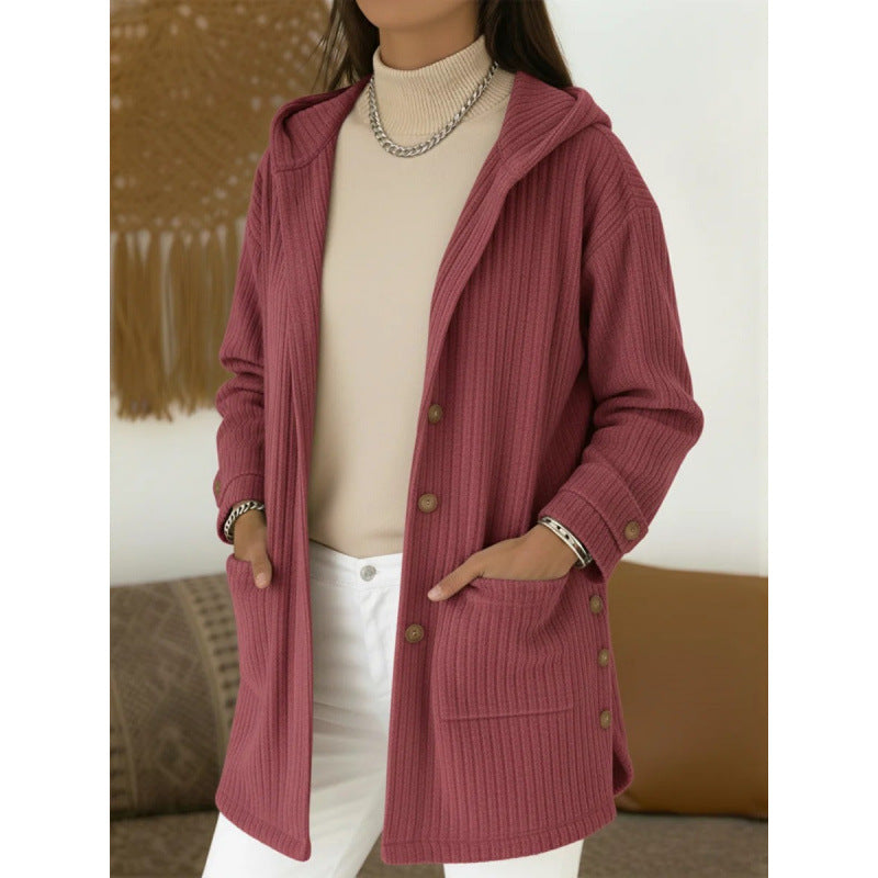 Women's Long Hooded Knitted Cardigan with Ribbed Texture, Button Placket and Side Pockets Mune Fashion