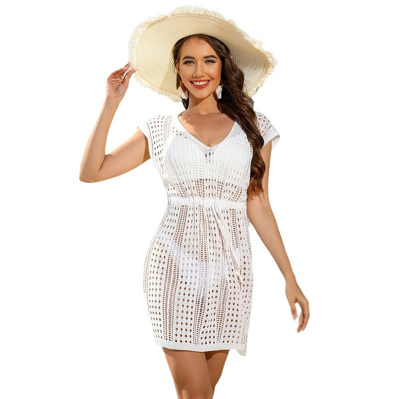 Women airy crochet beach cover-up with V-neck and waist knot detail Mune Fashion
