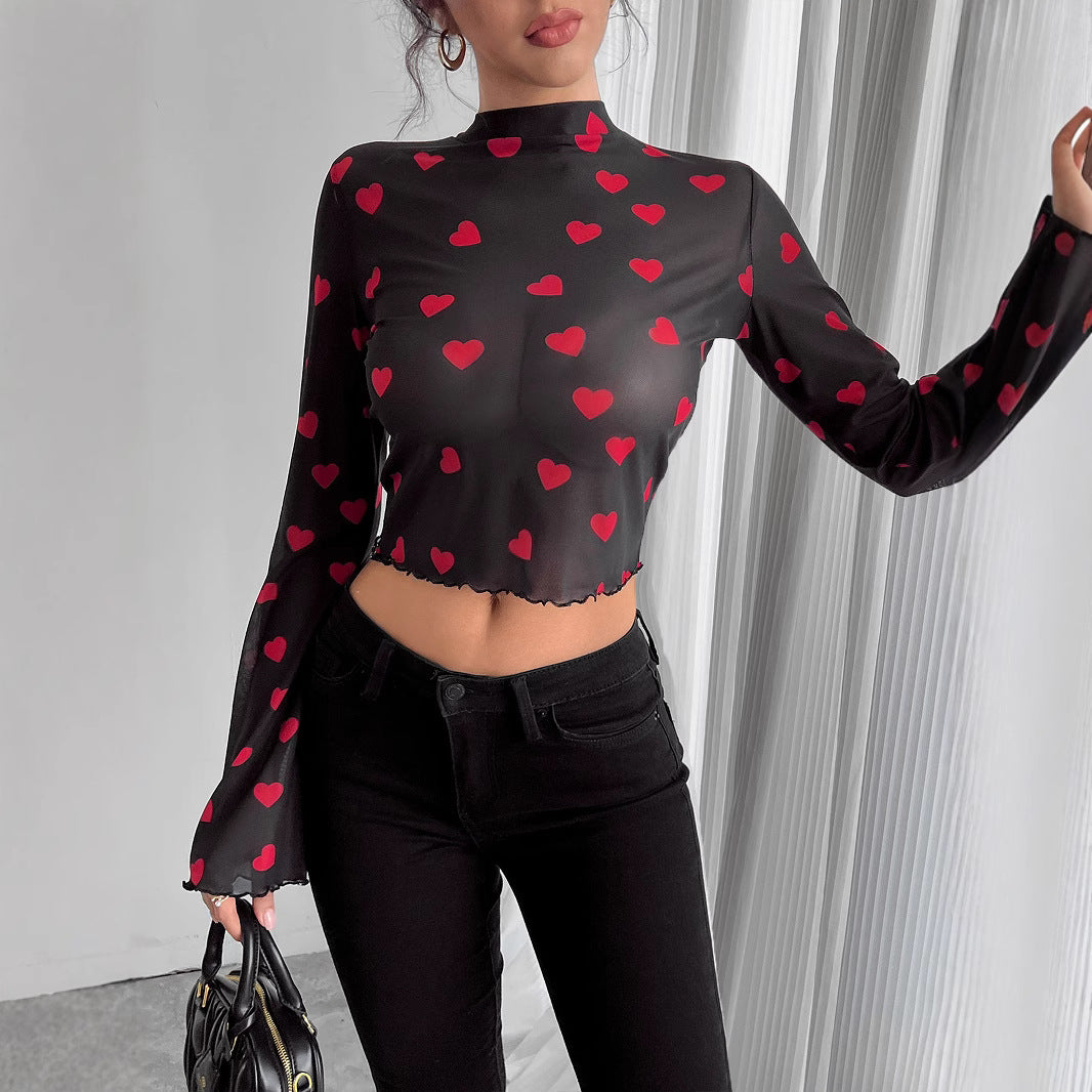 Women's transparent Paisley mesh crop top with high collar, trumpet sleeves, and wavy hem Mune Fashion