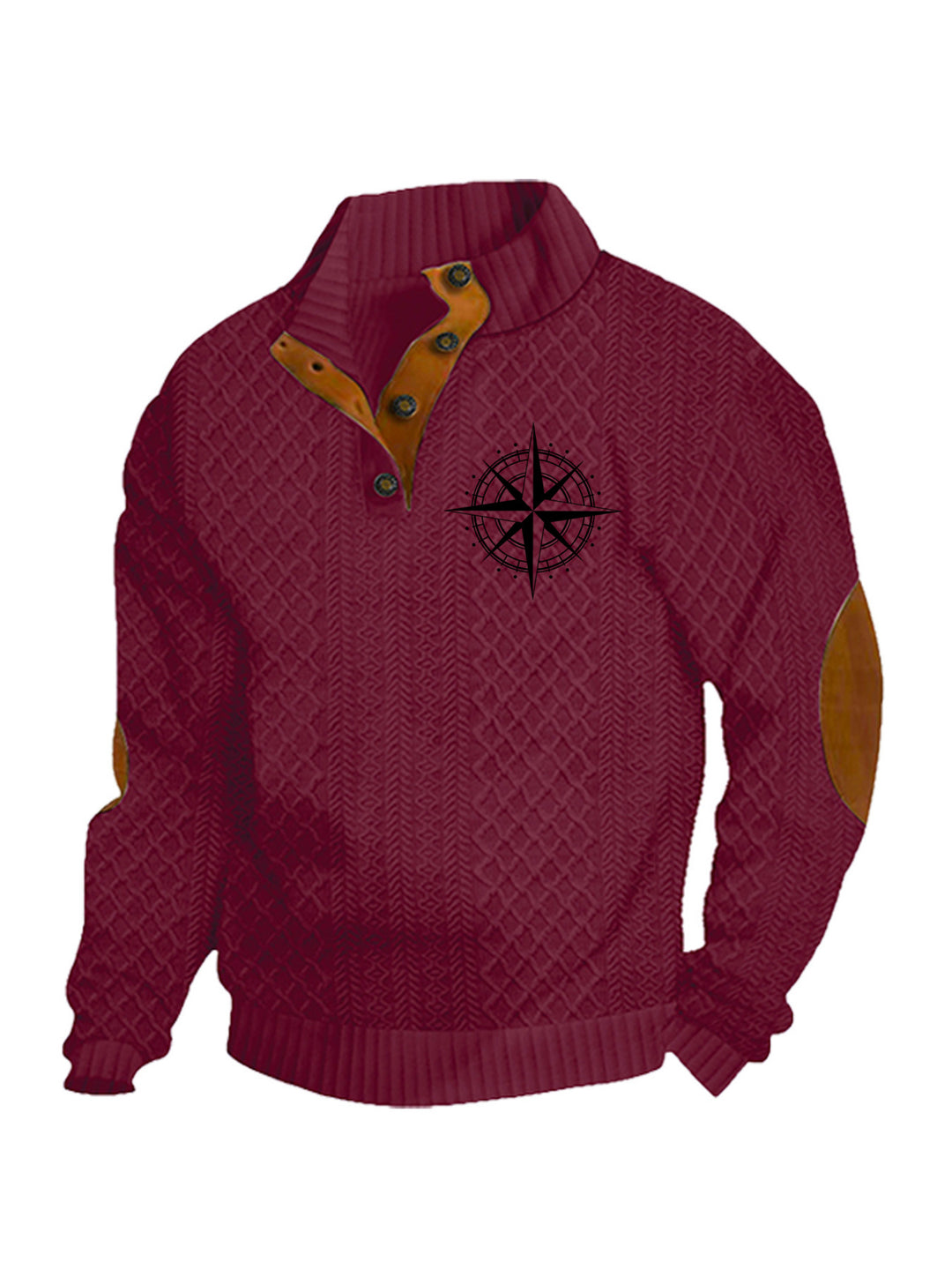 Men's nan Heritage textured pullover with stand-up collar faux leather trim elbow patches and half-button placket Mune Fashion