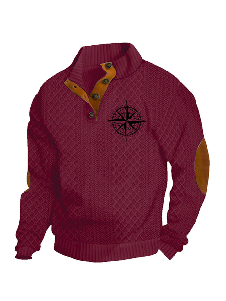 Men's nan Heritage textured pullover with stand-up collar faux leather trim elbow patches and half-button placket Mune Fashion