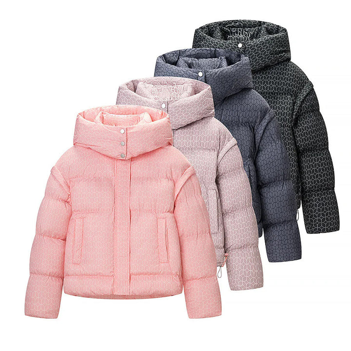 Women nan short boxy quilted jacket with graphic quilt pattern, large hood, concealed snap button placket and drawstring hem Mune Fashion