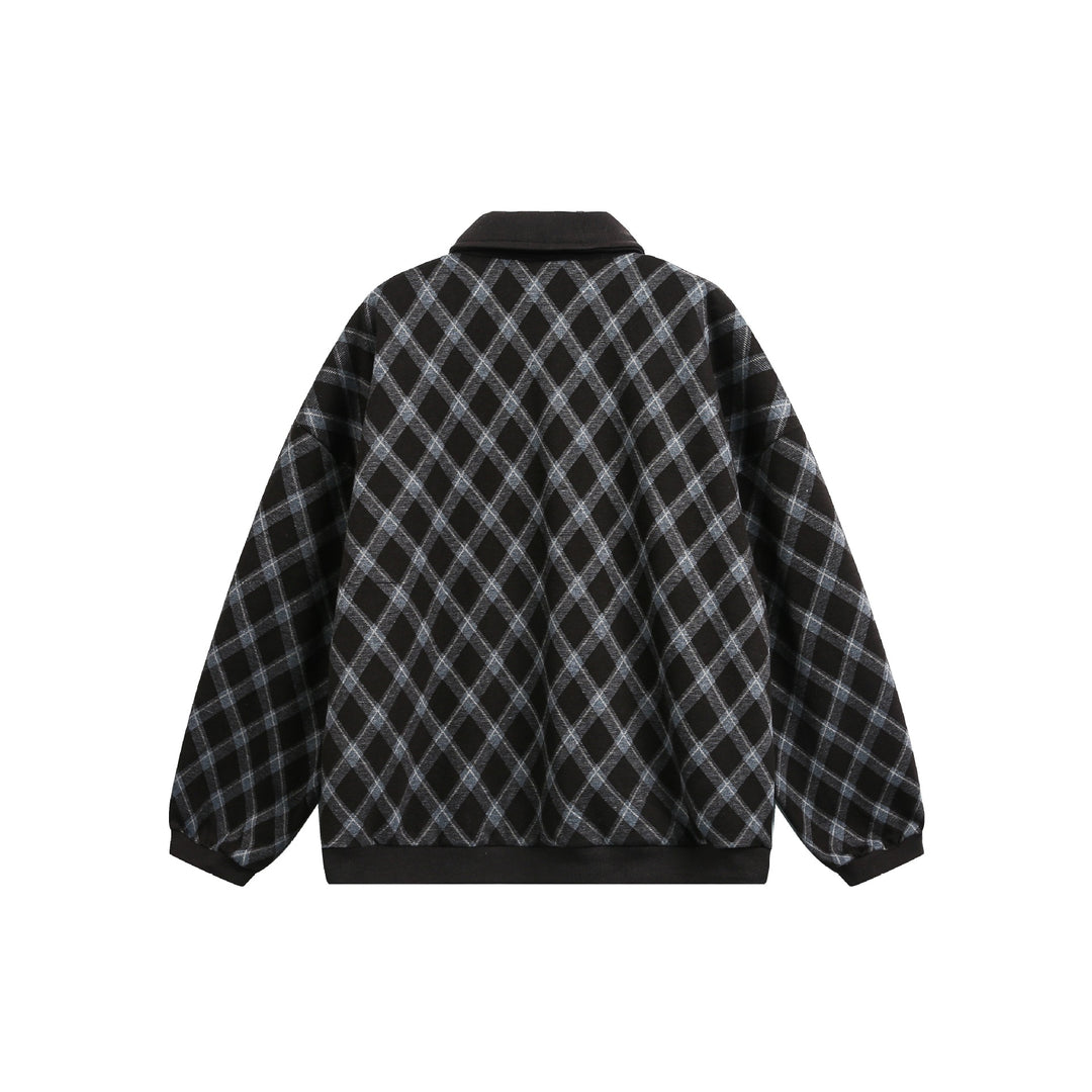 Women Checked Oversize Polo Sweater with Half Button Placket and Ribbed Cuffs Mune Fashion