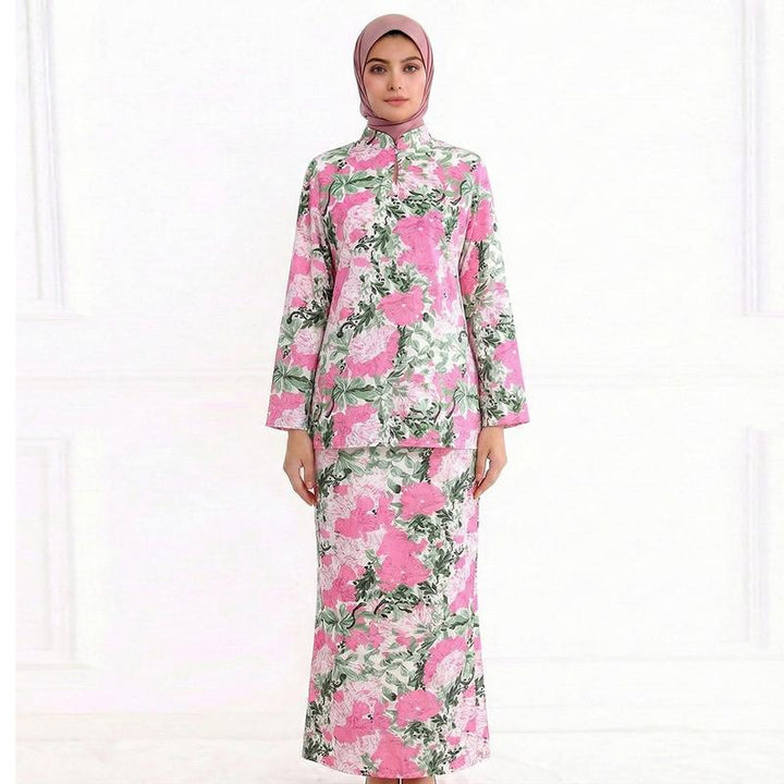 Ladies Two-Piece Modest Set consisting of Tunic with Stand-up Collar and Straight Maxi Skirt with Floral Print Mune Fashion