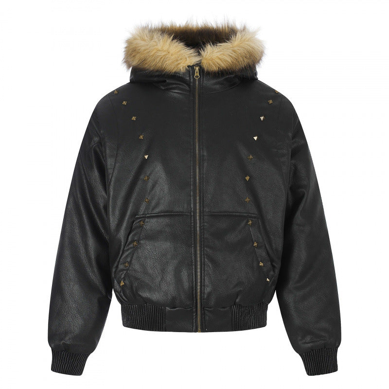 Women's Hooded Jacket in Leather Look with Studded Trim, Faux Fur Collar and Ribbed Hem Mune Fashion
