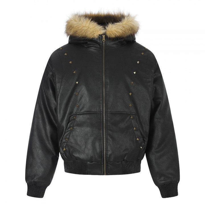 Women's Hooded Jacket in Leather Look with Studded Trim, Faux Fur Collar and Ribbed Hem Mune Fashion