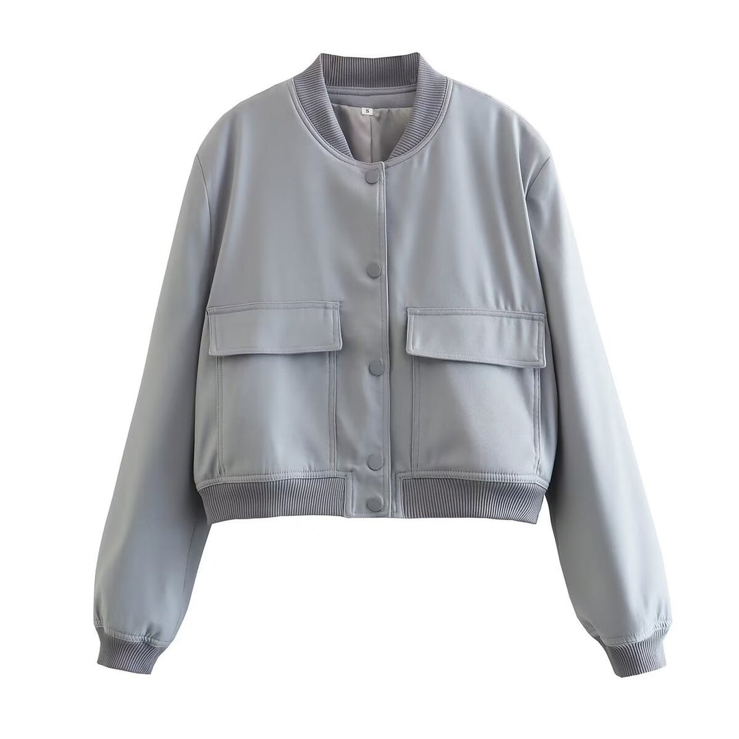 Women’s short cut bomber jacket in boxy fit with large flap pockets and ribbed hem Mune Fashion