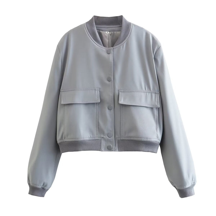 Women’s short cut bomber jacket in boxy fit with large flap pockets and ribbed hem Mune Fashion