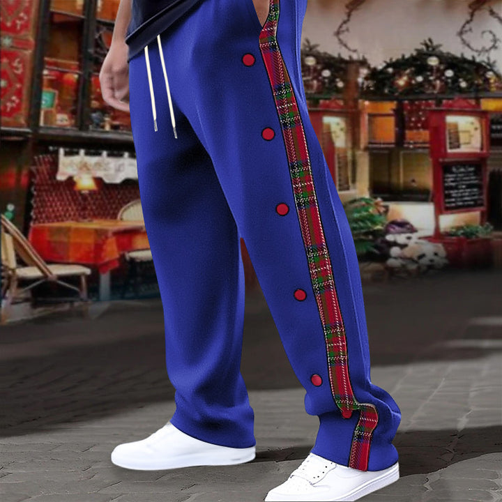 Men's casual jogging pants with checkered side piping, snap button placket, and ankle slits Mune Fashion