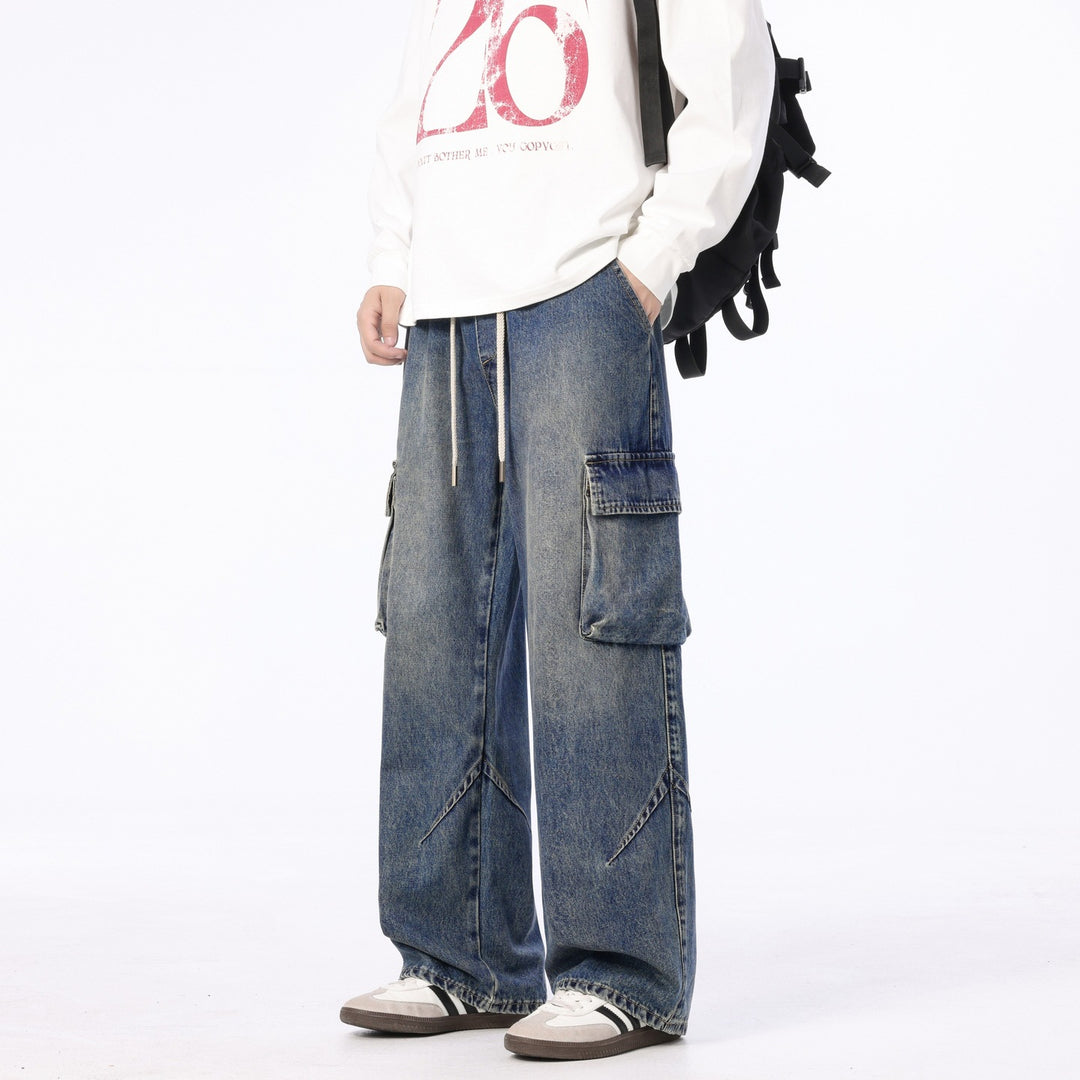 Men's Loose Cargo Denim Pants with Drawstring, Used Wash and Oversized Fit Mune Fashion