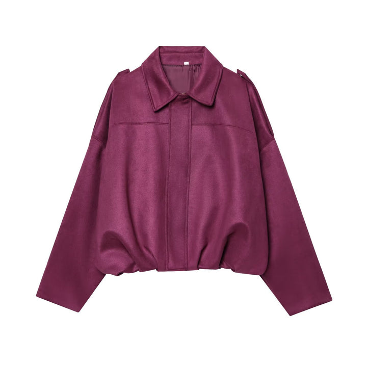 Women's Cropped Suede Look Blouson Jacket with Waist Smocking and Shoulder Patches Mune Fashion