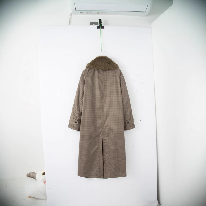 Ladies Long Glencheck Coat with Voluminous Faux Fur Collar and Straight Cut Mune Fashion