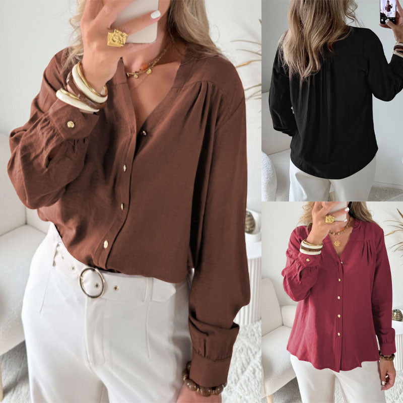 Women Loose Blouse Shirt with V-Neck, Ruffle Hem and Golden Decorative Buttons Mune Fashion