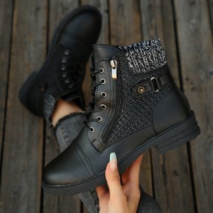 Women's ankle-high lace-up ankle boots with knitted shaft, side zipper, and molded rubber sole Mune Fashion