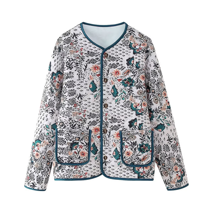 Ladies' quilted blouse jacket with floral-ethnic print, light padding and contrasting piping Mune Fashion