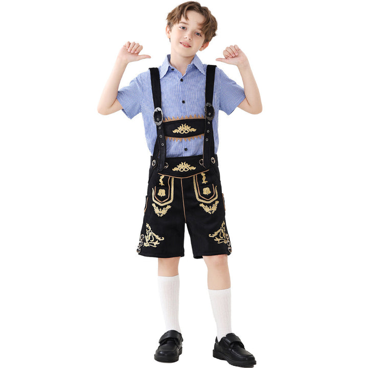 Unisex traditional children's leather trousers with adjustable suspenders and elaborate embroidery Mune Fashion