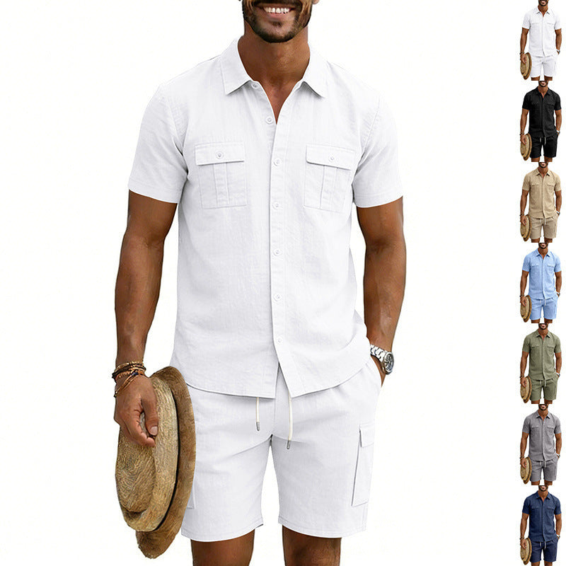 Men's summer leisure set made of cotton-linen blend with short-sleeve shirt and cargo shorts Mune Fashion