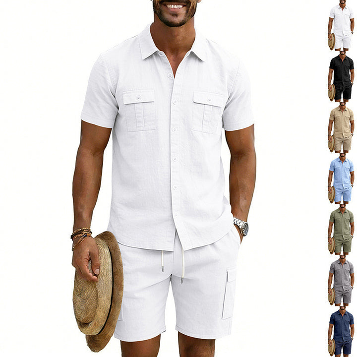 Men's summer leisure set made of cotton-linen blend with short-sleeve shirt and cargo shorts Mune Fashion