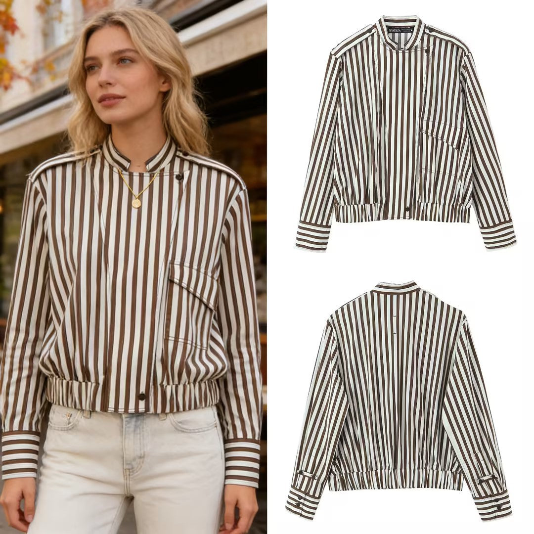 Women's Striped Blouson Shirt Blouse with Stand Collar, Shoulder Epaulettes, and Elastic Hem Mune Fashion