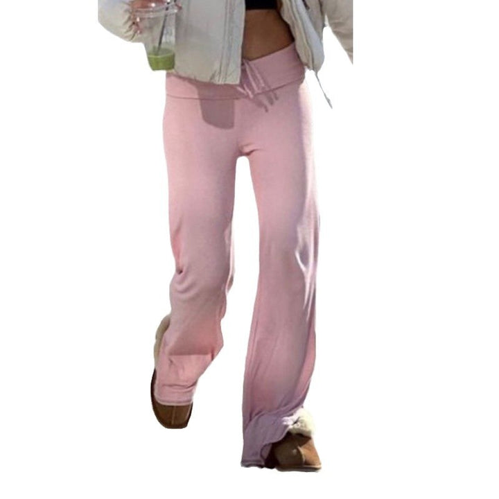 Women's soft high-waist lounge pants made of cotton blend with elastic comfort waistband, drawstring, and straight leg Mune Fashion