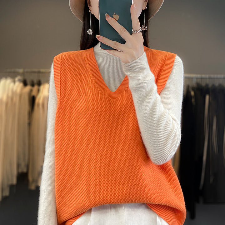 Ladies Oversize Knit Vest with Deep V-Neck and Fine Structure Mune Fashion