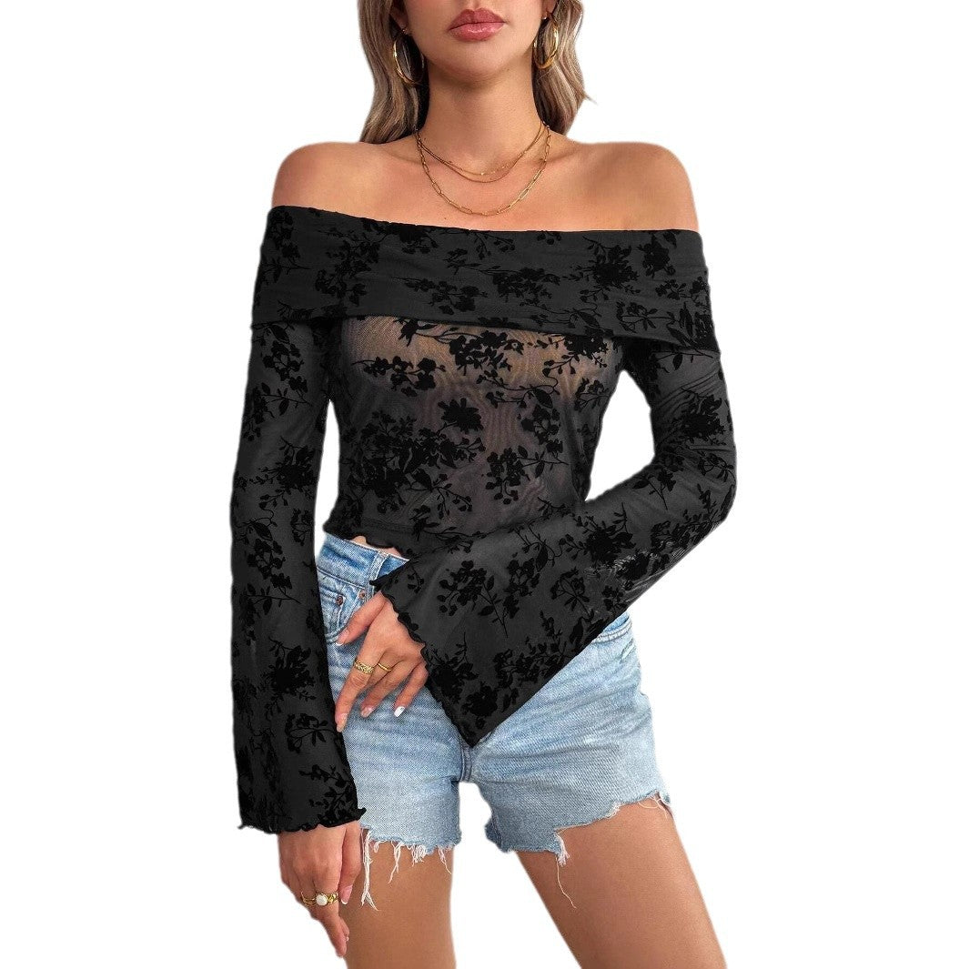 Women's Off-Shoulder Mesh Top with Floral Velvet Flock Application, Cropped Belly-Baring Cut and Trumpet Sleeves Mune Fashion