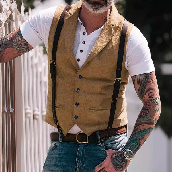 Men's vintage-inspired tweed vest with shawl collar, piped pockets and slim fit Mune Fashion
