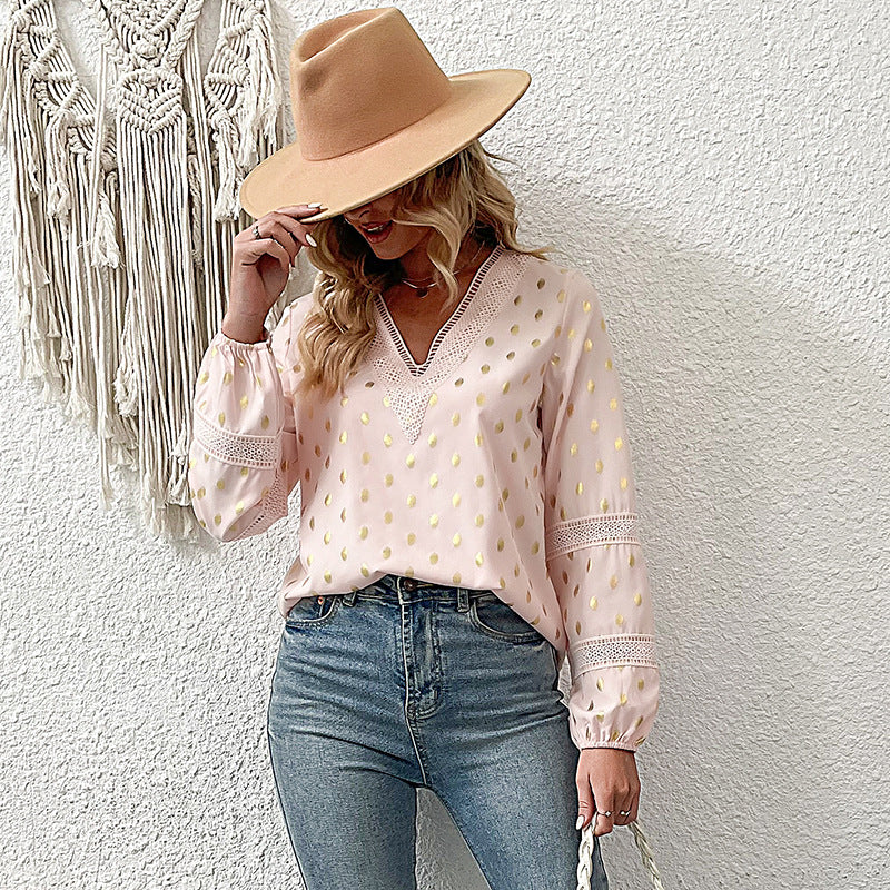 Women's Lightweight Chiffon Blouse with V-Neck, Lace Trim and Metallic Dots Mune Fashion