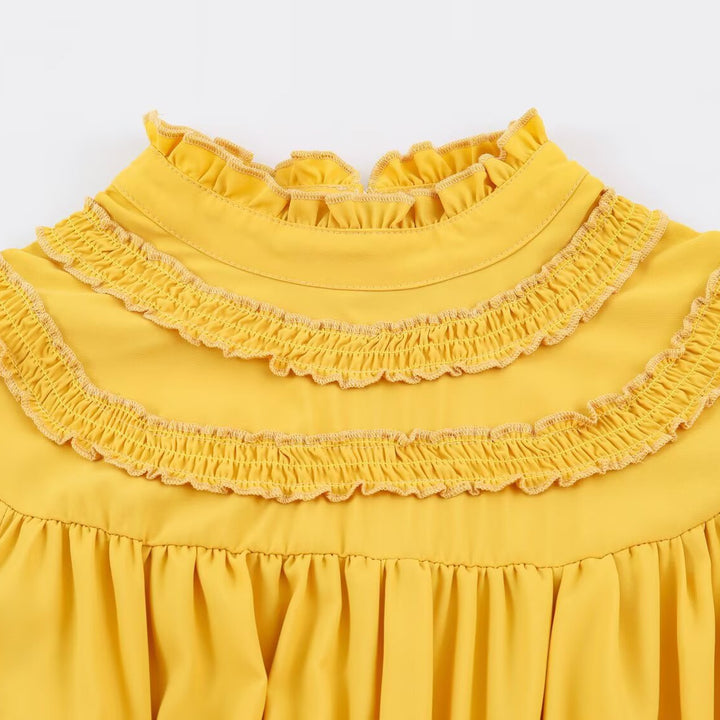 Women’s Ruffle Midi Dress with High Stand Collar, Tiered Skirt and Waist Smocking