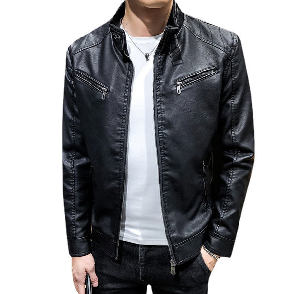 Men's Slim-Fit Faux Leather Racer Jacket with Stand Collar and Zip Chest Pockets Mune Fashion