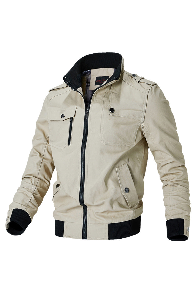 Men's short bomber jacket with stand-up collar, concealed zipper and multiple pockets.