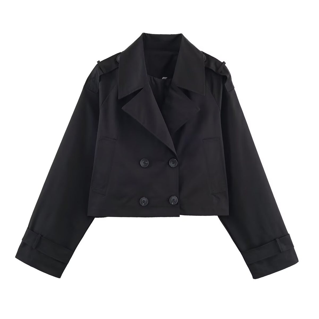 Women's Cropped Double-Breasted Trench Coat with Epaulettes, Wide Lapels and Adjustable Sleeve Straps Mune Fashion