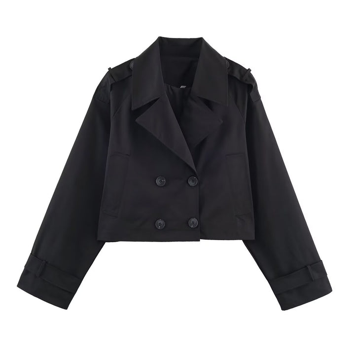 Women's Cropped Double-Breasted Trench Coat with Epaulettes, Wide Lapels and Adjustable Sleeve Straps Mune Fashion