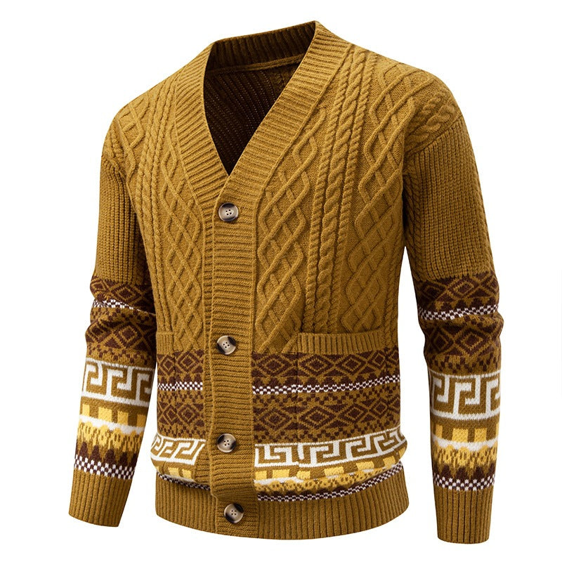 Men's knitted cardigan with cable pattern, jacquard cuffs, and button closure Mune Fashion