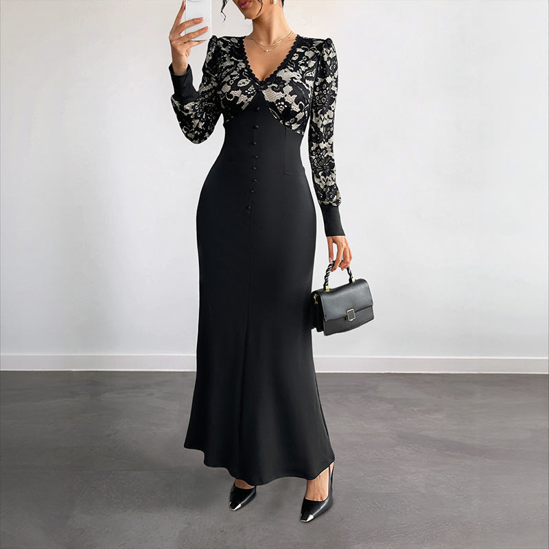 Women Figure-hugging Maxi Dress with Lace Top, V-Neck and Decorative Button Placket Mune Fashion