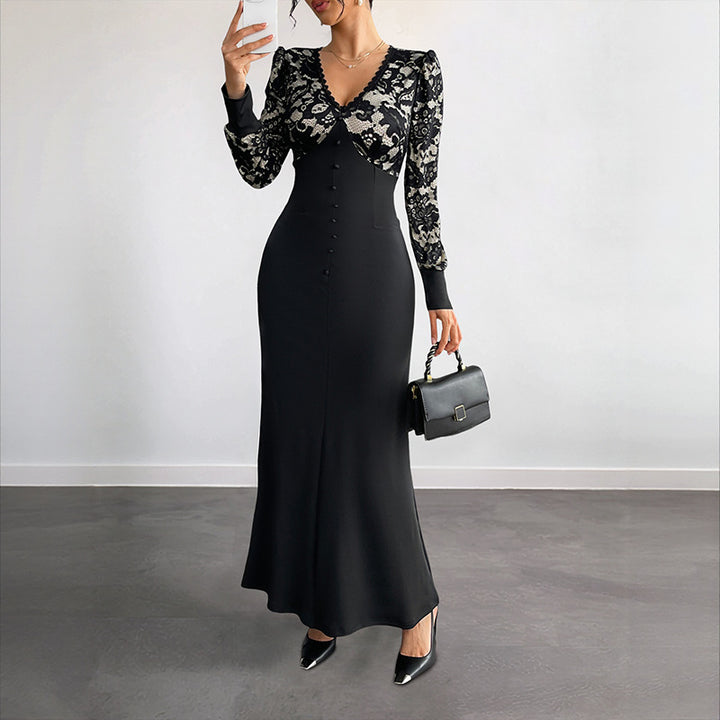 Women Figure-hugging Maxi Dress with Lace Top, V-Neck and Decorative Button Placket Mune Fashion
