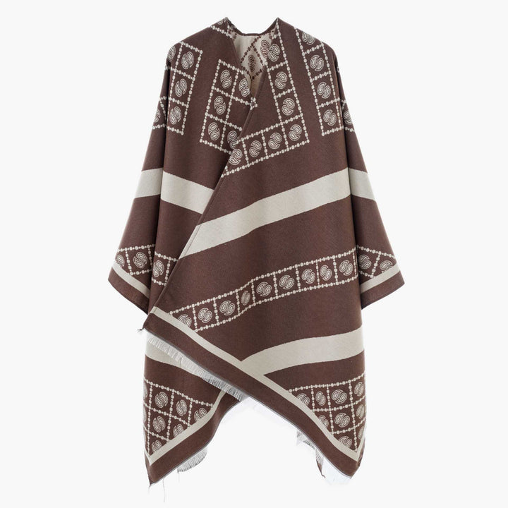 Women's jacquard cape-style wrap with paisley trim and fringes Mune Fashion