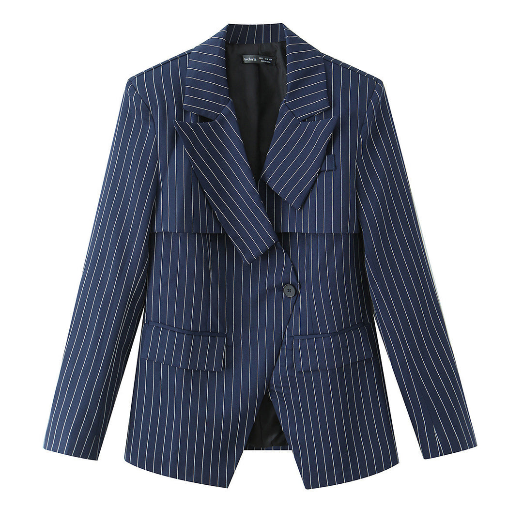Women Tailored Pinstripe Blazer with Asymmetrical Lapels and Patch Pockets Mune Fashion