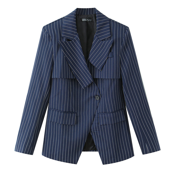 Women Tailored Pinstripe Blazer with Asymmetrical Lapels and Patch Pockets Mune Fashion