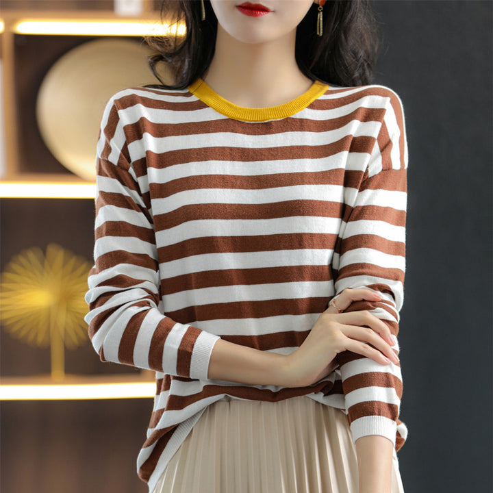 Women Maritime-inspired striped fine knit shirt with wide boat neck and contrast trim Mune Fashion