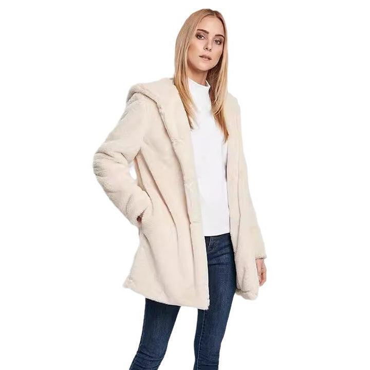 Women's Midi-Length Hooded Faux Fur Coat with Open Front and Lined Insert Pockets Mune Fashion