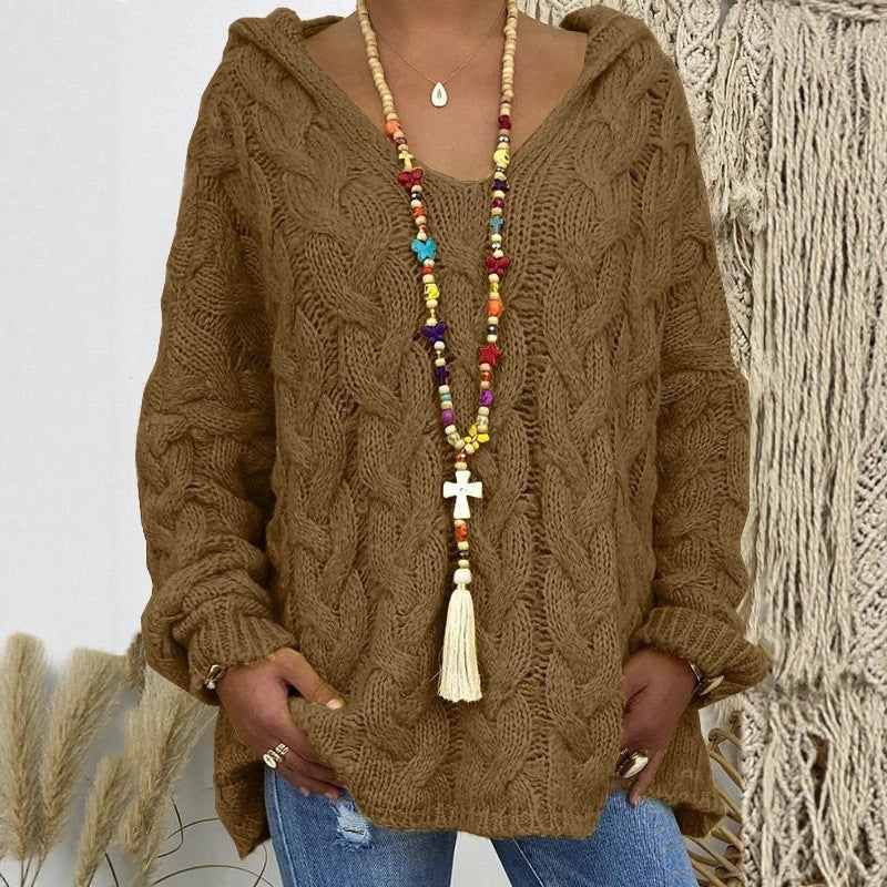 Women Oversized Cable Knit Sweater with Hood and Casual V-Neck Mune Fashion