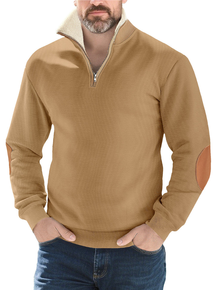Men's structured knit half-zip pullover with warming sherpa collar and velour elbow patches Mune Fashion