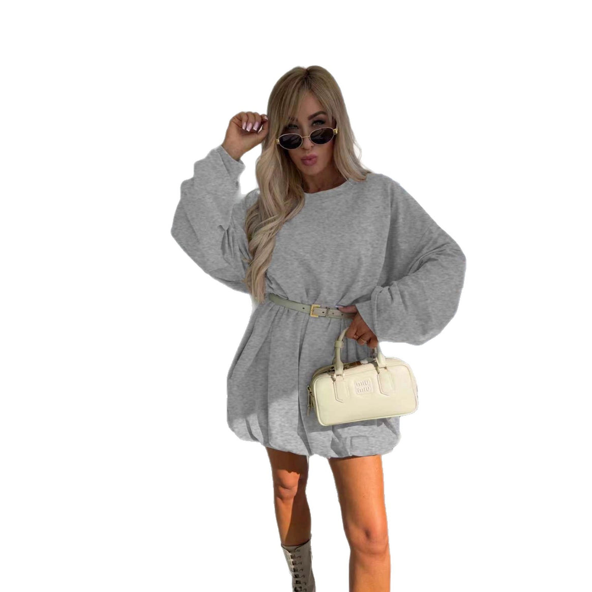 Ladies sweatshirt dress with balloon sleeves and waist belt Mune Fashion