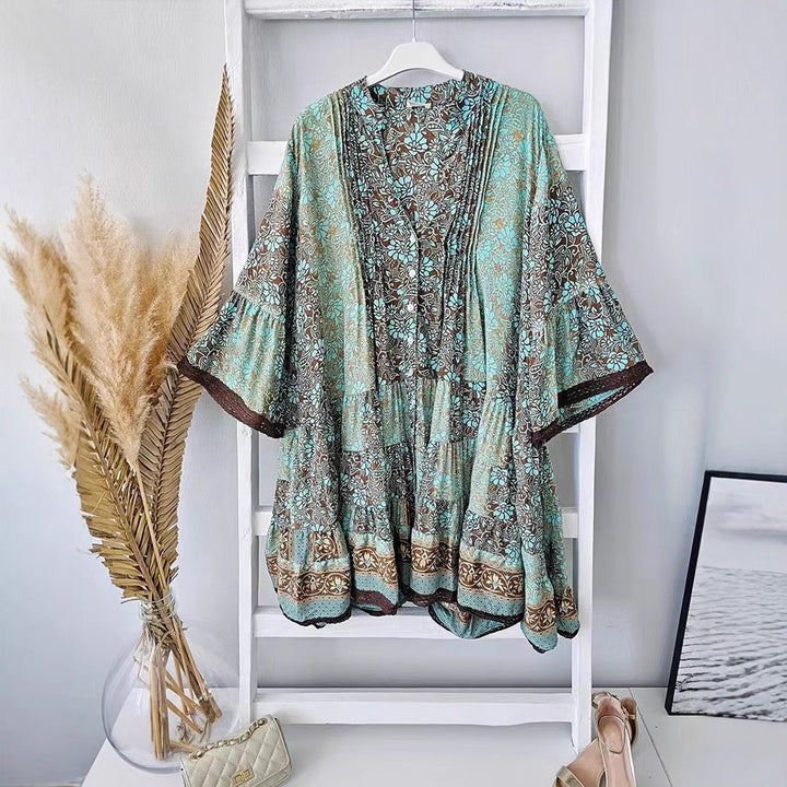 Women's airy Boho tiered dress with V-neck wide batwing sleeves and lace trim Mune Fashion
